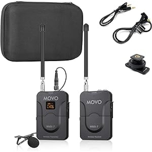 Movo WMX-7 VHF mikrofono sistema, įmontuota 12 kanalų su 1 receptoriumi, 1 siųstuvu ir 1 mikrofono de Solapa, suderinama su DSLR, intelektualiais telefonais „iPhone“ / „Android“ ir planšetiniais kompiuteriais