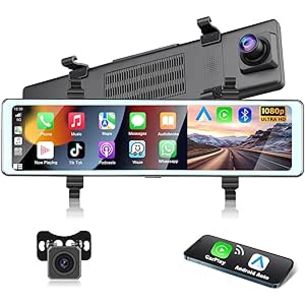 „Podofo Mirror Dash Cam“ su belaidžiu „Apple Carplay“, „Android“ automobilis su HD galinio vaizdo kamera, 11,26 colio IPS jutiklinis ekranas, dvigubas 1080P galinio vaizdo veidrodėlis, „Dash Cam Car“, 2 padalinti ekranai, „Bluetooth“