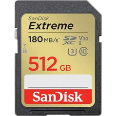 „SanDisk Extreme SDXC UHS-I“ atminties kortelė 512 GB (V30, 180 MB/s perdavimas, U3, 4K UHD vaizdo įrašai, „SanDisk QuickFlow“ technologija, atspari vandeniui, atspari smūgiams, atspari temperatūrai)