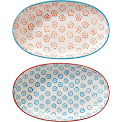 Bloomingville Emma Retro mažos serviravimo lėkštės ovalo formos Vintage L 21,5 x W 13 cm oranžinė mėlyna keramika 2 vnt.