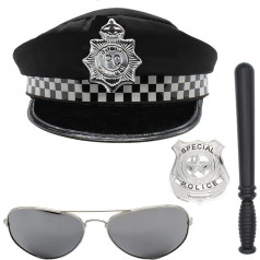 Policijos kostiumas, kepurė, akiniai nuo saulės ir lazdelė