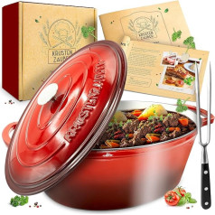 KRUSTENZAUBER 33 cm ketaus kepimo indas su dangčiu, saugus orkaitėje, su mėsos šakute - 6 l emalio puodas XL - idealus kepimo indas Kazan Induction Oval, dovana Kalėdoms