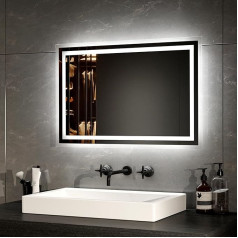 EMKE Vonios veidrodis su apšvietimu 40 x 60 cm LED vonios kambario veidrodis su apsauga nuo rūko Vėsiai balta Šiltai balta šviesa Vonios kambario veidrodis su mygtukiniu jungikliu Aukštos kokybės aliuminio rėmas IP44 Energijos taupymas