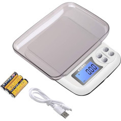 KUBEI Skaitmeninės virtuvės svarstyklės, 1 kg/0,01 g maisto svarstyklės, daugiafunkcinės virtuvės svarstyklės su dėklu, juvelyrinės svarstyklės su įkrovimo, kištukiniu ir akumuliatoriniu maitinimu