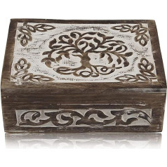 Puiki gimtadienio dovana Rankų darbo dekoratyvinė medinė papuošalų dėžutė Gyvenimo medžio drožyba Papuošalų organizatorius Keepsake Box Treasure Chest Holder Watch Box Storage Lock Box (balta)