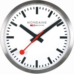 Mondaine - Wanduhr A995.Clock.16SBB 40cm - Kelio stotelė sidabro spalvos iš gebürstetem Aluminium su rotem Sekundenzeiger staubbeständig - Hergestellt in der Schweiz