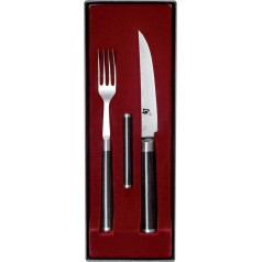 KAI Shun Classic Japanisches Besteck Set 3 Teilig - Steakmesser 12 cm Klingenlänge Damast 32 Lagen VG MAX Kern - 61 (±1) HRC + Gabel aus hochwertigem Edelstahl + Messerbänkchen - Pakkaholzgriff