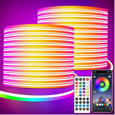 Segrass Neon LED juosta 30 m su nuotolinio valdymo programėlės valdymu IP65 Vandeniui atspari lanksti neoninė RGB LED juosta 24 V LED neoninė juosta, skirta miegamojo kambariui ir lauko apdailai (2 ritiniai po 15 m)