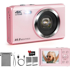 LAMA skaitmeninis fotoaparatas, mini skaitmeniniai fotoaparatai, 4K 44MP fotokamera, automatinio fokusavimo kompaktiškas fotoaparatas, 2,4 colių LCD ekranas, 16 kartų priartinanti blykstė, skaitmeninis fotoaparatas su 32G kortele, 2 baterijos, fotokam