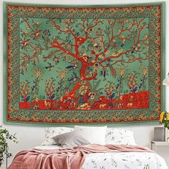 Simpkeely Gyvybės medžio gobelenas, Estetinis Indijos Mandalos pakabinimas Sienoje, Bohemijos hipių batikos gobelenas, Sienų dekoracija miegamajam ir svetainei, 150 x 200 cm, žalia