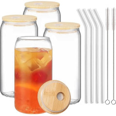 480 ml skaidrios skardinės stiklinės su bambuko dangteliu ir stikliniu šiaudeliu, daugkartinio naudojimo skardinės stiklinės šaltiems gėrimams, sultims, kavai, kokteiliams, viskiui (4 vnt.)
