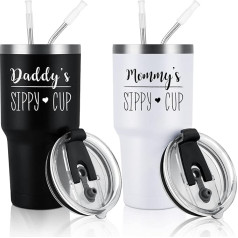 Gtmileo Daddys and Mommys Nerūdijančio plieno Sippy Cup Izoliuotas kelioninių puodelių rinkinys Kalėdinis jubiliejus Lyčių atskleidimo dovana naujiems tėvams, mamai, tėčiui, 850 ml, juoda ir balta