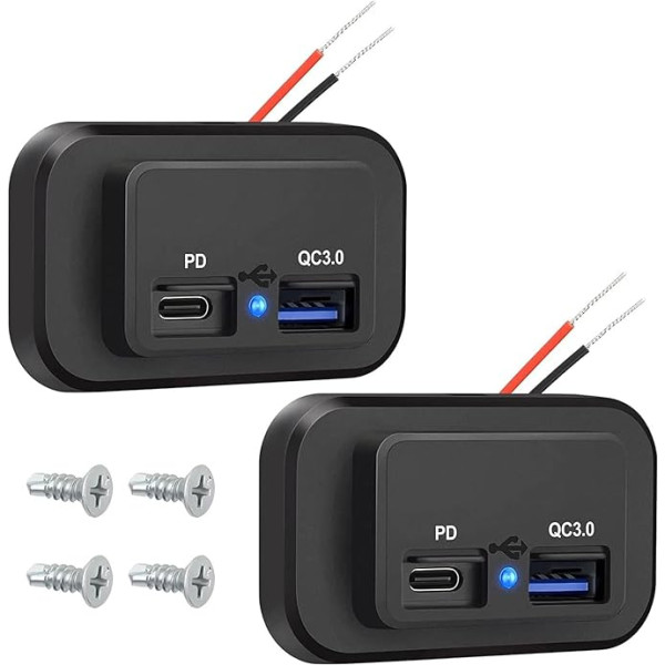 2 pakuotės 12V USB lizdas, dvigubas greitojo įkrovimo 3.0 12V moteriškas USB įkroviklis ir PD Type-C (USB C), 12V 24V USB įkroviklis, vandeniui atsparus lizdo adapteris, automobilio įkroviklis, sunkvežimis, golfo vežimėlis