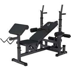 GORILLA SPORTS® daugiafunkcinis svorio suoliukas - reguliuojamas, su štangos kabykla, garbanojimo stalu ir drugeliu, dip stotimi, kojų lenkimu, suoliuko presu, juoda/balta - treniruočių suoliukas, svorio stotis, fitneso suoliukas
