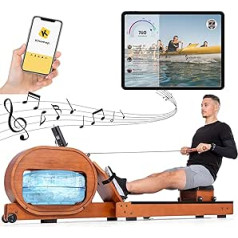 KecDuey vandens irklavimo treniruoklis, irklavimo treniruoklis, LCD ekranas, suderinamumas su programėle ir be (Kinomap), ergonomiška sėdynė, laikiklis padėklui arba mobiliajam telefonui, tikros medienos irklavimo mašina namams iki 150 kg