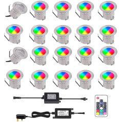 YZGWZLD RGB LED terasos apšvietimas, vandeniui atsparus pagrindo apšvietimas, 20 pakuočių skersmuo 30 mm, didelio ryškumo palaidotas sodo apšvietimas, skirtas terasos apšvietimui, virtuvės pjedestalui, vonios kambario apšvietimui, pirtims