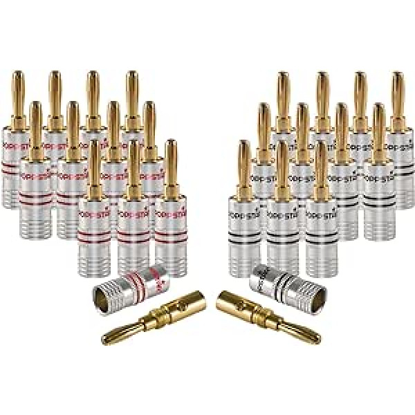 Poppstar 24x High End Bananenstecker (bis 4 mm² verschraubt, verlötet 6 mm², 24k vergoldet, Aluminium-Gehäuse, 12x schwarz, 12x rot)