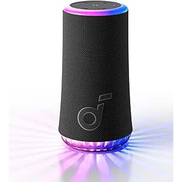 soundcore Glow mobilusis garsiakalbis su 30 W 360° universaliu garsu, sinchronizuotu šviesos spinduliu, 18 valandų atkūrimu, individualiu EQ, šviesos šou, IP67 atspariu vandeniui ir dulkėms, namams, sodui, vakarėliui