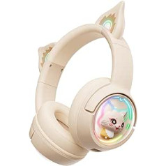 PHNIXGAM Bluetooth Cat Ear ausinės, Over Ear ausinės belaidžiu ir laidiniu režimu su mikrofonu, RGB šviesa, suderinama su mobiliaisiais telefonais, asmeniniu kompiuteriu, planšetiniu kompiuteriu, žaidimų konsolėmis, balta