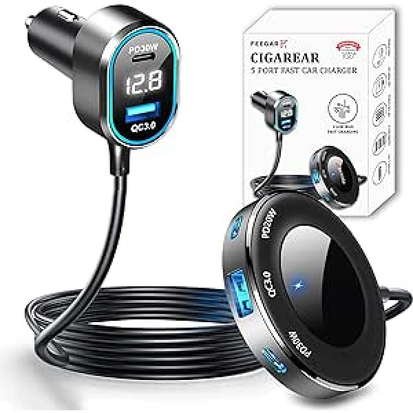 Feegar CigaRear 116W, 5X USB QC 3.0 PD 30W automobilinis įkroviklis, 12V/24V cigarečių degiklio adapteris USB automobilio skirstytuvo LED įtampos ekranas, skirtas išmaniajam telefonui planšetiniam prietaisų skydeliui GPS