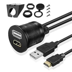 TNP USB + HDMI Einbaubuchse Kabel – 1m, Kfz USB & HDMI Einbau Buchse Kabel, Auto USB & HDMI Aux Verlängerungskabel, Stereo Audio Adapter für Armaturenbrett, LKW, Boot, Motorrad, Autoradio, Schwarz
