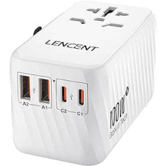 LENCENT tarptautinis kelioninis adapteris, 100 W GaN3 universalus adapteris su 2 PD3.0 Type C+2 QC USB A, visame pasaulyje naudojamas adapteris mobiliesiems telefonams, viskas viename kelioninis kištukas ES/JAV/UK/AU lizdams, baltas