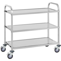 Royal Catering RCSW 3A serviravimo vežimėlis Virtuvės vežimėlis (3 lygiai, 150 kg keliamoji galia, atstumas tarp padėklų 28,3 cm, apsauga nuo smūgių, mažai vibruojantys sukamieji ratukai) Nerūdijantis plienas
