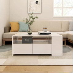 Firbnus Gėlių stalas baltas blizgus 102 x 55 x 42 cm Biuro stalas Šoninis stalas Medinis svetainės stalas Modernus stabilus mažas stalas Svetainės kavos staliukas Arbatos staliukas su 2 stalčiais