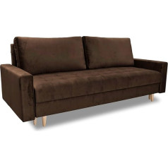 Furniture-Adamski Alekso sofa lova su miego funkcija ir dėže, sulankstoma sofa, sofa lova su medinėmis kojelėmis, veliūro audinio sofa, spalva: ruda
