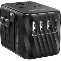 LENCENT universalus kelioninis adapteris, tarptautinis kintamosios srovės kištukinis adapteris su 3 USB A prievadais, 1 C tipo sieninis įkroviklis, skirtas kelionėms iš JAV į ES, JK, Airiją, Australiją (C/G/A/I tipo), juodas