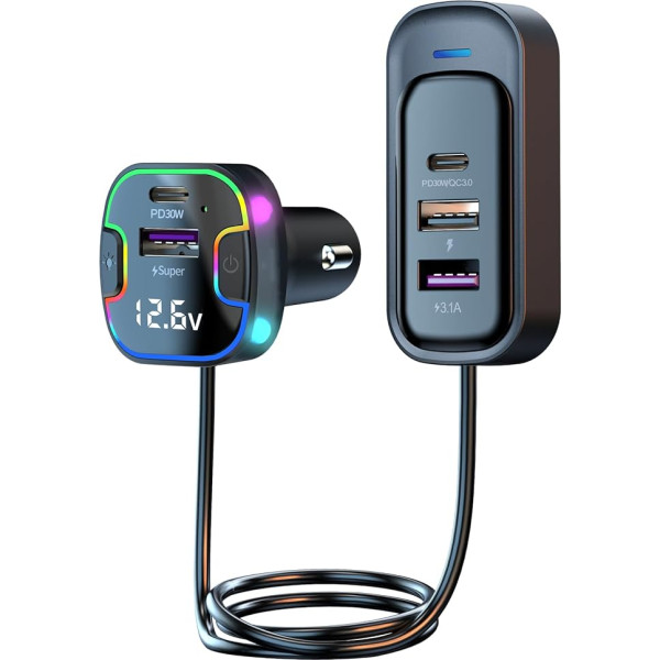 Thlevel USB C automobilinis įkroviklis 75 W PD ir QC 3.0 su 5 prievadais Greitasis įkroviklis su 1,5 m kabeliu, skirtas 12 V / 24 V automobiliui Motorhome Boat