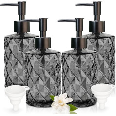 Muilo dozatorius juodas | 4 x 330 ml stiklinis muilo dozatorius vonios kambariui | Siurblinis muilo dozatorius virtuvei su piltuvėliu | Šampūno muilo dozatorius | Skalbimo skysčio dozatorius | Muilo dozatorius virtuvei,