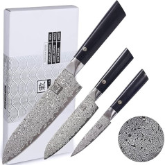 zayiko Black Edition Damasko peilių rinkinys iš 3 dalių | 9-18 cm geležtės iš 67 sluoksnių elegantiško tamsaus Damasko plieno | Ergonomiškos Pakka medinės rankenos | Aukščiausios kokybės virtuvės ir profesionalių virtuvės peilių rinkinys