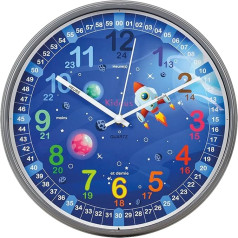 Kiddus Vaikų sieninis laikrodis Analoginis laiko mokytojas su laiko mokymosi pratimais Tylusis laikrodis Daug kalbų Français XL Galaxy