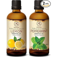 Pipirmėčių aliejus 100 ml ir citrinų aliejus 100 ml - Mentha Piperita - Citrus Lime - grynų kvapiųjų aliejų dovanų rinkinys drėkintuvui, plaukų ir odos priežiūrai, aromaterapijai, aliejiniam degikliui, difuzoriui
