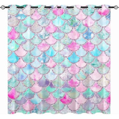 YUANZU Meerjungfrau Waage Vorhänge, Aquarell Bunte Meerjungfrau Fisch Waage Geometrische Druckmuster Öse Thermisch Isolierte Fenster Vorhänge für Wohnzimmer Schlafzimmer 2 plokštės W168cm x D183cm