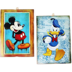 KUSTOM ART Komiksai Peliukas Mikis ir ančiukas Donaldas (Dagobertas) 2 senovinio stiliaus paveikslėliai, 18 x 25 cm, medinis atspaudas
