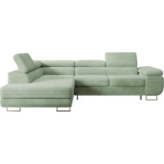 Selsey STEVIL kampinė L formos sofa su miego funkcija, lovos dėžė, kairėje pusėje esanti osmanų dėžė, virvės užvalkalas, šalavijo žalia