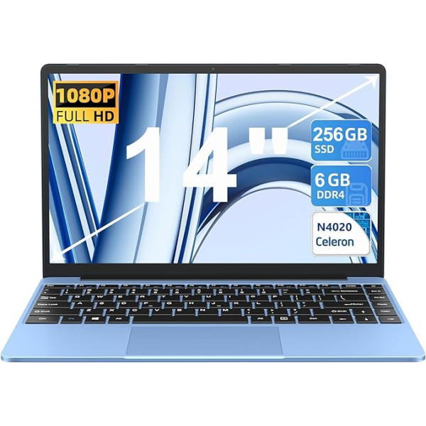 AOCWEI Nešiojamasis kompiuteris 14 colių Celeron N4020 iki 2,8 GHz, nešiojamieji kompiuteriai Win 11 Con 5G WiFi 6+256GB SSD išplėtimas 1TB, BT 4.2 1920 x 1080 FHD mini multimedijos jungtis, nešiojamasis kompiuteris su vokiška klaviatūros plėvele