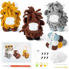 GROBRO7 20 dalių Highland Cow Crochet Set DIY Complete Animals Crochet Knitting with Crochet Hooks Yarn, Beginner Crochet Starter Kit with Step-by-step Video Instructions for Children Adults Gift