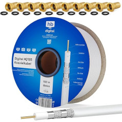 HB DIGITAL 135 dB koaksialinis SAT kabelis, HQ-135 Pro 4x, ekranuotas, skirtas DVB-S, S2, DVB-C ir DVB-T BK sistemoms, taip pat 10 dalių paauksuotų F jungčių rinkinys