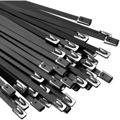OFFO Metaliniai kabeliniai kaklaraiščiai, 100 vnt., metaliniai kabeliniai kaklaraiščiai, 400 x 4,6 mm, juodos spalvos, UV spinduliams atsparūs kabeliniai kaklaraiščiai, skirti ištraukiamiesiems vamzdžiams vynioti ir kabeliams rišti, patvarūs ka
