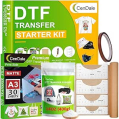 CenDale DTF perkeliamos plėvelės miltelių rinkinys, 30 lapų A3 DTF plėvelė sublimacijai 400 ml balti vidutiniai DTF milteliai, DTF pradinis rinkinys DTF/sublimaciniam spausdintuvui, karšto ir šalto nulupimo popierius
