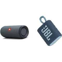 „JBL Flip Essential 2“ juoda „Bluetooth“ dėžutė – atspari vandeniui ir „GO 3“ maža mėlyna „Bluetooth“ dėžutė – atspari vandeniui