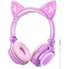 LOBKIN Kids Cat Ears LED šviesos laidinės ausinės su 85dB riboto garsumo klausos apsauga Mielos ausinės mergaitėms