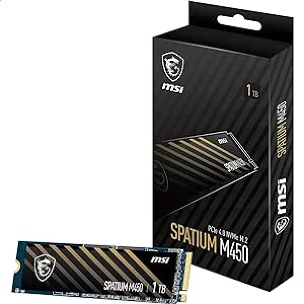 MSI SPATIUM M450 SSD 1TB – PCIe 4.0 NVMe M.2 vidinis kietojo kūno diskas, 3600 MB/s skaitymo ir 3000 MB/s rašymo greitis, 3D NAND, įmontuota duomenų sauga, centras – 5 metų garantija (600 TBW)