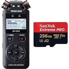 „Tascam DR-05X“ nešiojamas garso įrašymo įrenginys ir „SanDisk Extreme PRO microSDXC UHS-I“ atminties kortelė 256 GB + adapteris ir „RescuePRO Deluxe“