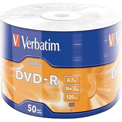 „Verbatim“ DVD-R 16x, „DataLife“, „Matt Silver“ 4,7 GB, 50 vnt. pakuotė, DVD ruošiniai, tinkami rašyti, 16 kartų degimo greitis ir apsauga nuo įbrėžimų, DVD-R ruošiniai, tuščias DVD, tušti DVD diskai