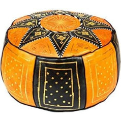 Marrakesch Orient & Mediterran Interior Rytietiškas apvalus odinis pufas 45 cm skersmens apvalus 30 cm aukščio, įskaitant užpildymą Maroko sėdynės pagalvėlė Merzougha Juoda oranžinė Maroko taburetė Kojų taburetė