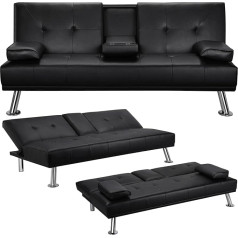 Yaheetech 3-vietė sofa-lova Sofa-lova su puodelių laikikliu Svečių lova Atlenkiamas atlošas 105°/140°/180°, 167 x 81,5 x 75 cm, 350 kg keliamoji galia, juoda dirbtinė oda